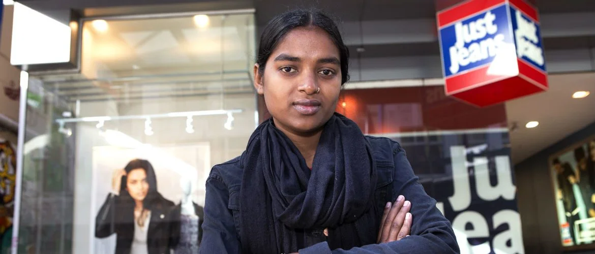 Sumi Abedin pictured outside the Just Jeans store in Bourke St, Melbourne. Although severely injured, Sumi survived the Tazreen garment factory fire in Bangladesh by jumping from the third floor; she was in Australia last year highlighting the poor working conditions still faced by many Bangladeshi garment factory workers.