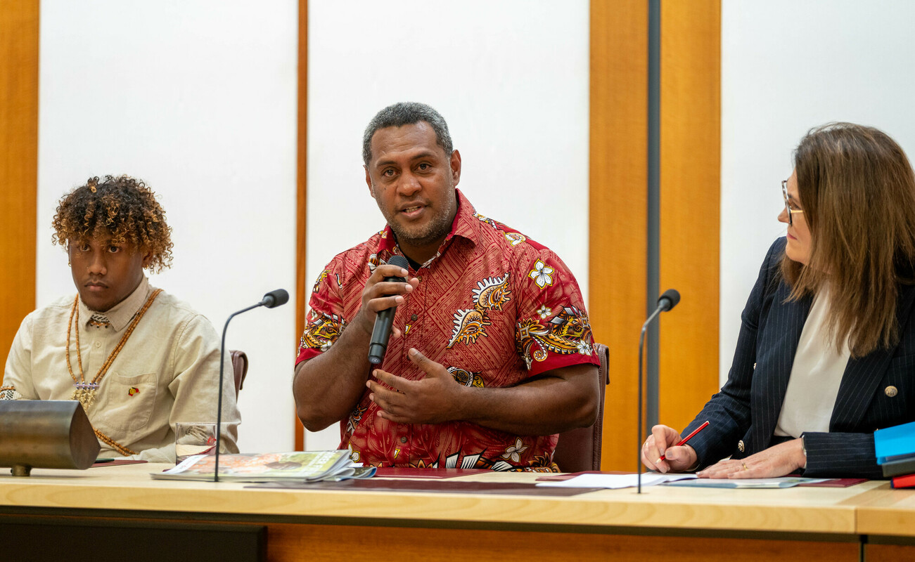 Australia: Usaia Moli speaks in Parliament House, Canberra as part of the Safe Climate, Equal Future Speakers Tour. Photo: Irene Dowdy/Oxfam