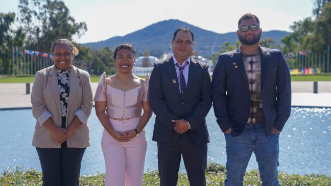 Canberra, Australia: Tanya Afu, Grace Ann Enriquez, Eduardo Maher and Peter Griffiths-Sebastian at Parliament House. Photo: Heidi Demond/Oxfam