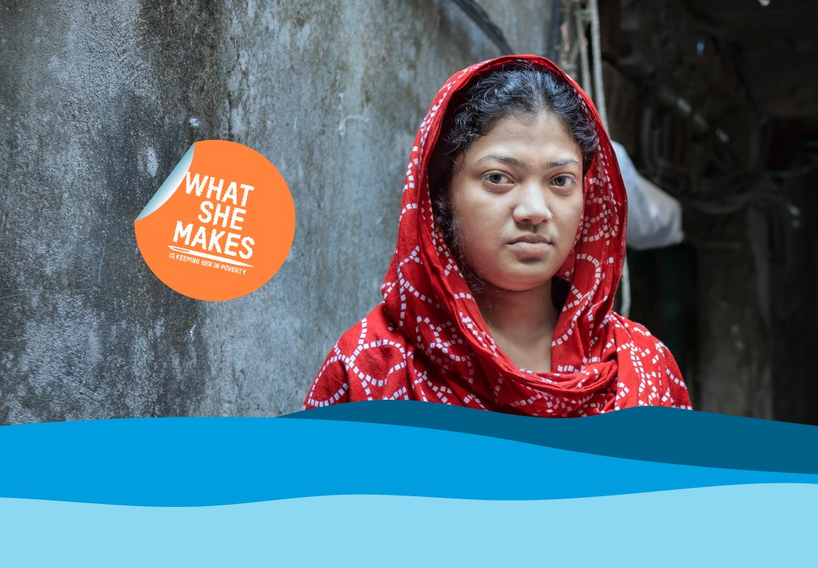 Dhaka, Bangladesh: Kakoli* works in a garment factory and barely earns enough to meet her needs. Oxfam's What She Makes campaign demands that big brands pay the women who make our clothes a living wage. Photo: Fabeha Monir/Oxfam. *Name changed to protect identity.